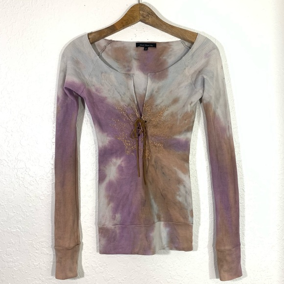 Vintage Tops - Heart Moon Stars Pink Tie Dye Lace Up Top